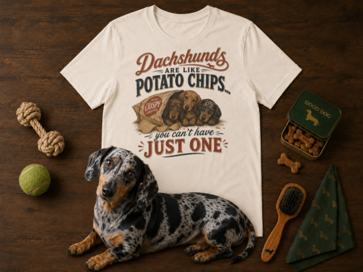 Cream unisex dachshund t-shirt that reads Dachshunds are like potato chips, you can't have just one, with three dachshund puppies illustration