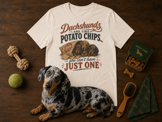 Cream unisex dachshund t-shirt that reads Dachshunds are like potato chips, you can't have just one, with three dachshund puppies illustration