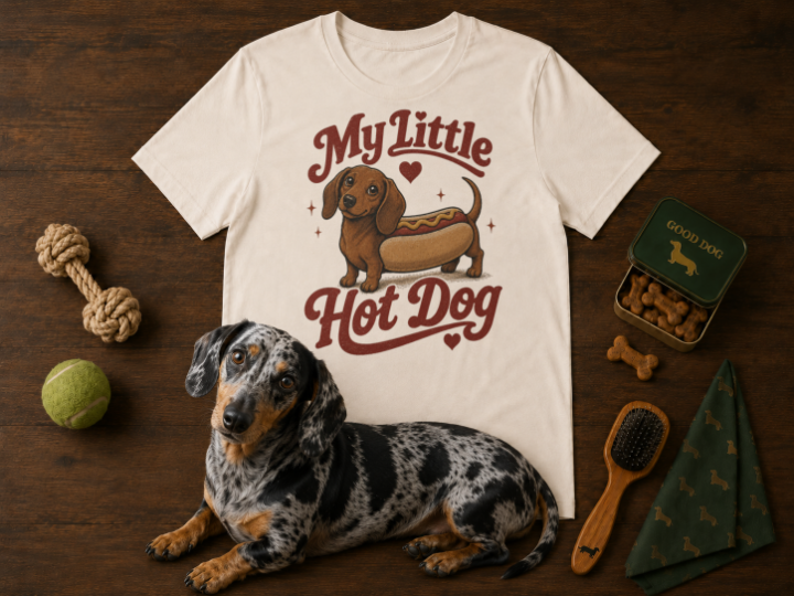 Cream unisex dachshund t-shirt that reads My Little Hot Dog, with an illustration of a dachshund puppy styled as a hot dog in a bun