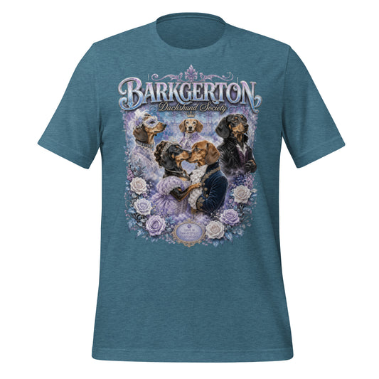 Barkgerton Dachshund Society Tee – Heather Deep Teal lifestyle shot