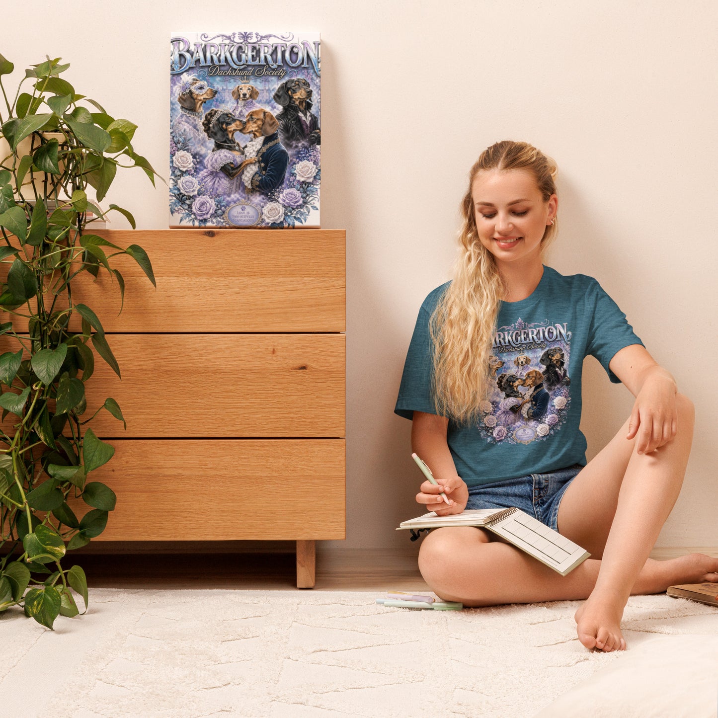 Barkgerton Dachshund Society Tee in Heather Deep Teal – Bridgerton-inspired dachshund graphic tee by Lap Dog Society