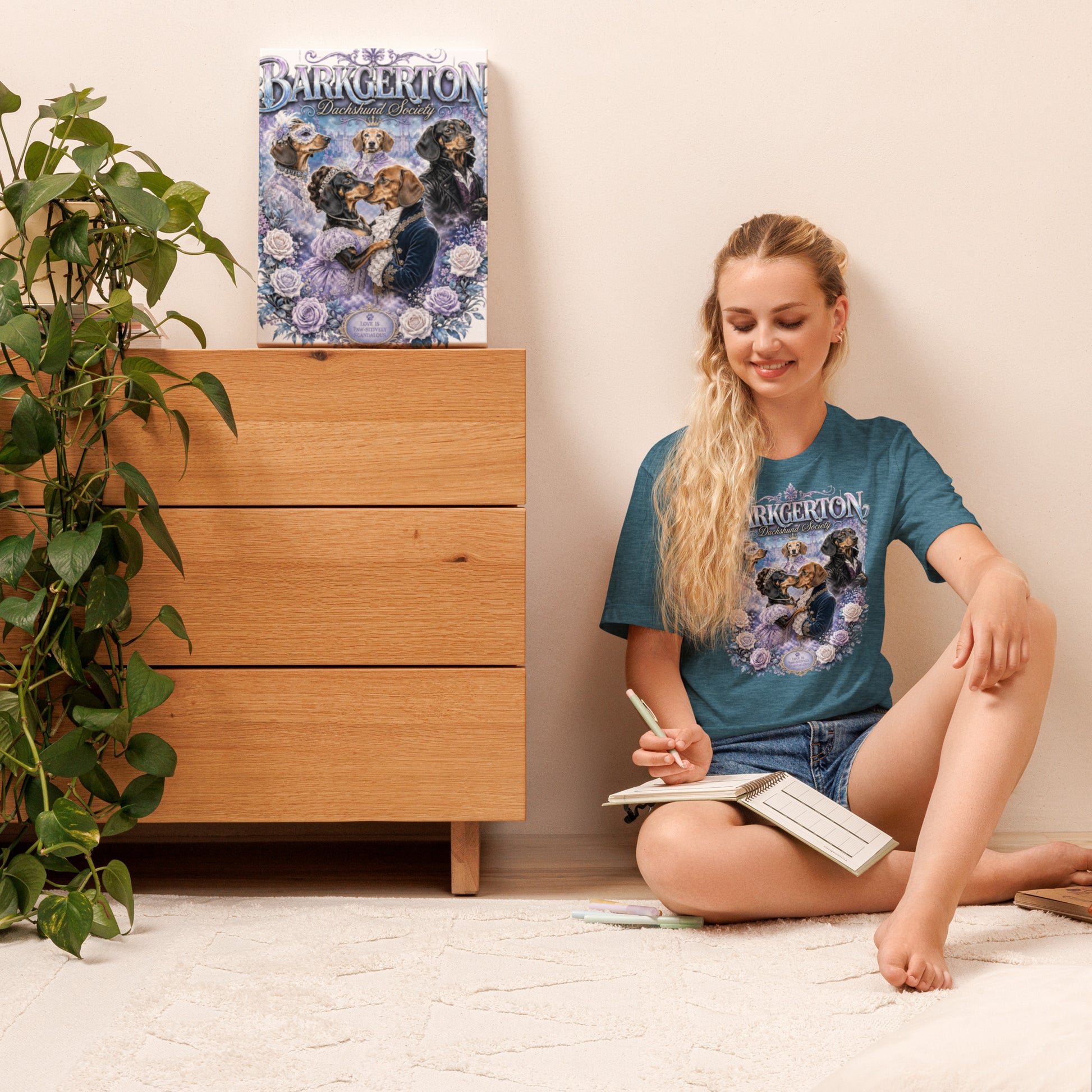 Barkgerton Dachshund Society Tee in Heather Deep Teal – Bridgerton-inspired dachshund graphic tee by Lap Dog Society