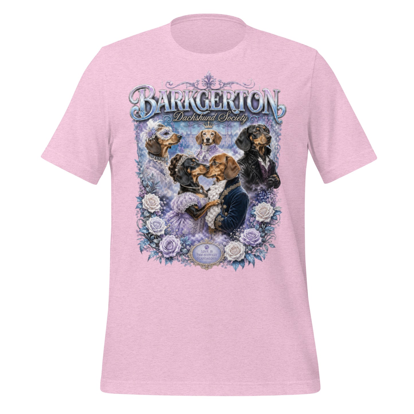 Barkgerton Dachshund Society Tee – Heather Prism Lilac lifestyle shot