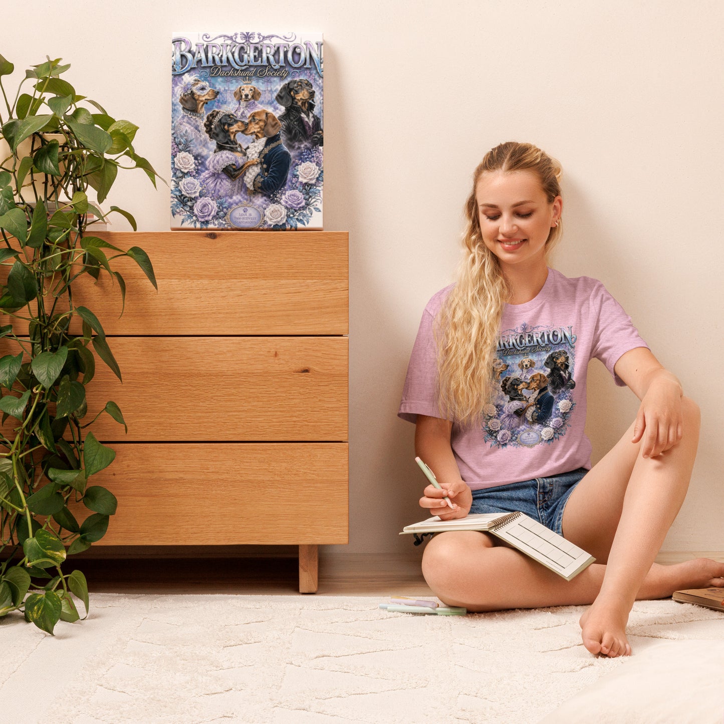 Barkgerton Dachshund Society Tee in Heather Prism Lilac – Regency dachshund graphic tee by Lap Dog Society