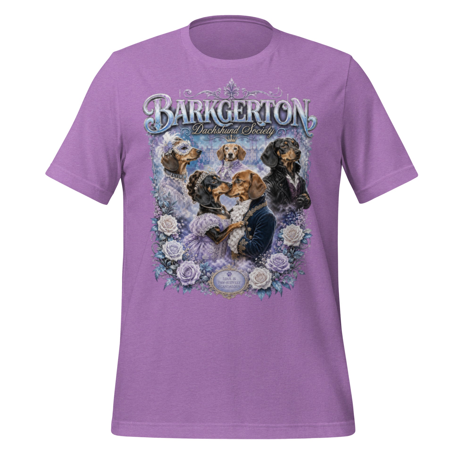Barkgerton Dachshund Society Tee – Heather Team Purple lifestyle shot